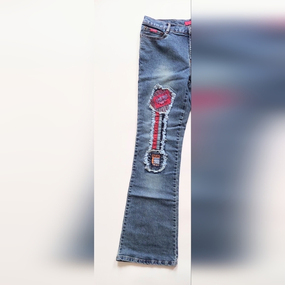 Le More Size 13 Unique Embroidered Patch Flared Denim Blue Jeans - Picture 2 of 11